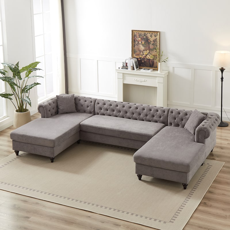 Chenille U-Shaped 5-Seater Sofa with Pull Point Design and Wooden Legs