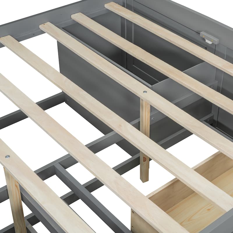 Full Size Wood Daybed with 2 Bedside Cabinets, Upper Shelves and 4 Drawers