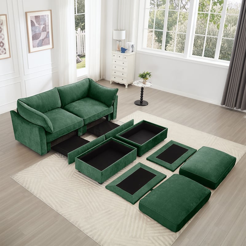2-Seater Loveseat with 2 Movable Ottoman & Pull out Storage Drawer Under