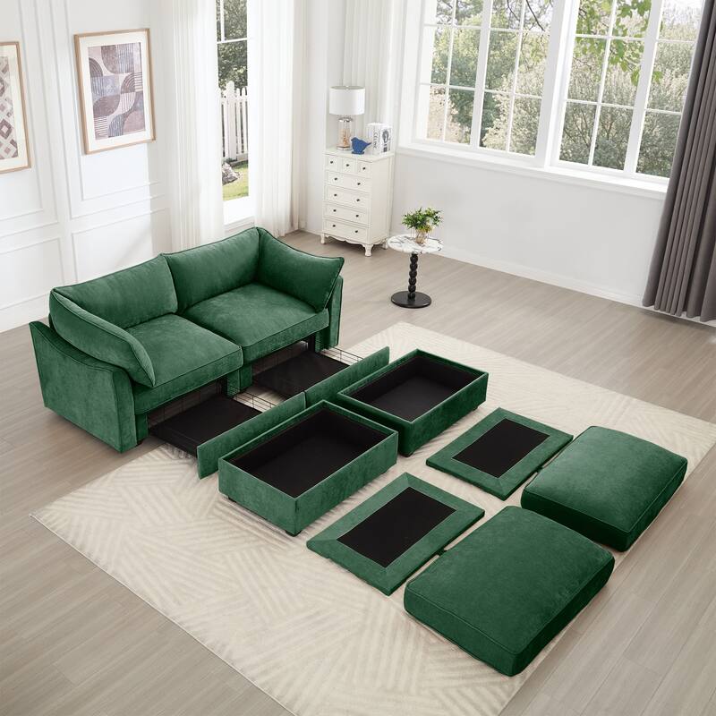 Modern Chenille Sectional Sofa Couch with Hidden Storage & 2 Ottoman