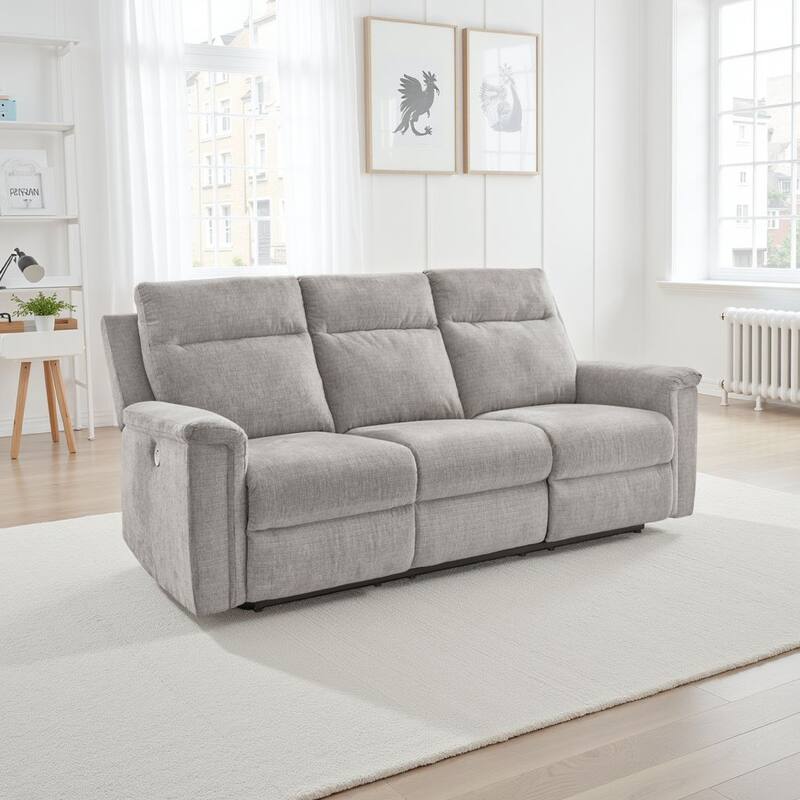Jinu Dual Power Recliner Sofa, Gray Polyester Micro Chenille, 86 Inch