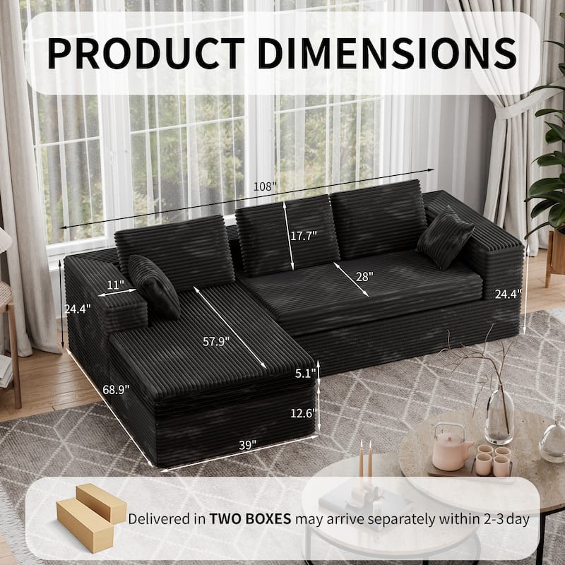 Black 108" Boneless Cloud Couch, Modular L-Shaped Sectional Sofa