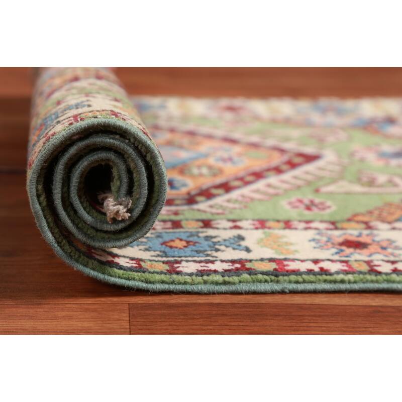 Geometric Green Kazak Oriental Accent Foyer Rug Handmade Wool Carpet - 2'0"x 3'0" - 2'0"x 3'0" - Green