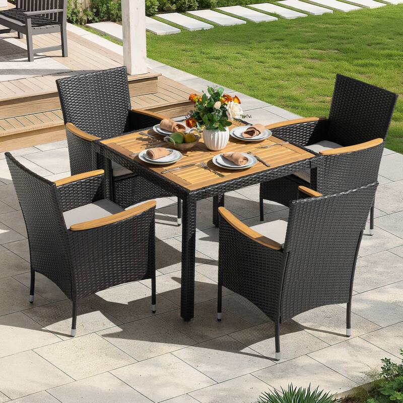 Acacia Wood Wicker Patio Dining Set with Cushions, Black