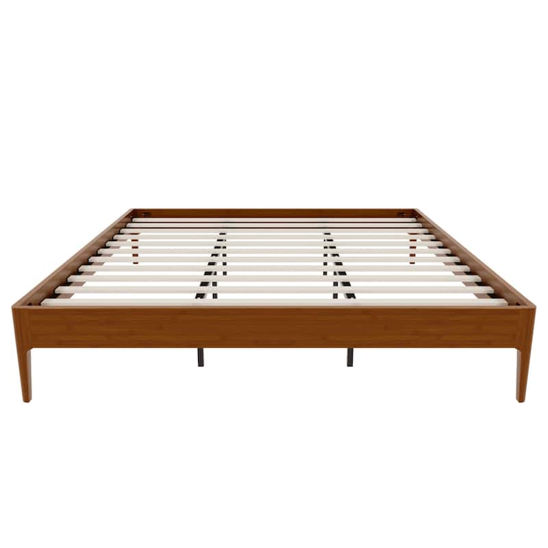 GDFStudio - Mid-Century Solid Bamboo Platform Bed Frame with Velcro Slat Metal Support & Noise-Free Pad, No Box Spring Needed