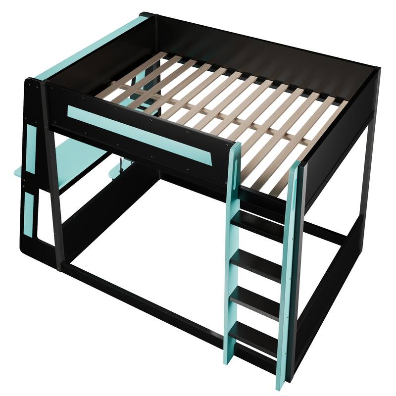 Gaming Bunk Bed with Computer Desk, Storage Shelves, USB Port and LED Strip Lighting, Esports Design, Wooden Gaming Bed