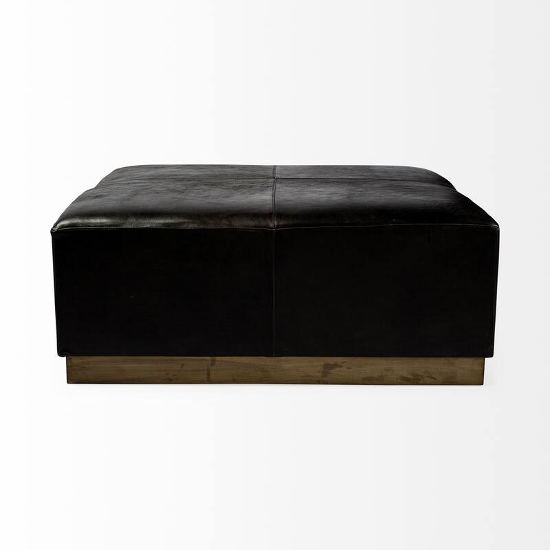 Minara Black Genuine Leather w/ Gold Metal Base 36" Square Ottoman