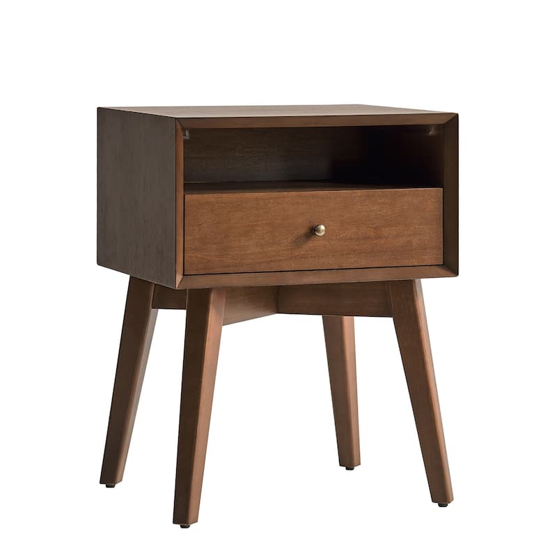 Randolf 18"W Mid-Century Modern 1-Drawer Solid Wood Nightstand with Built-In Outlets By HULALA HOME
