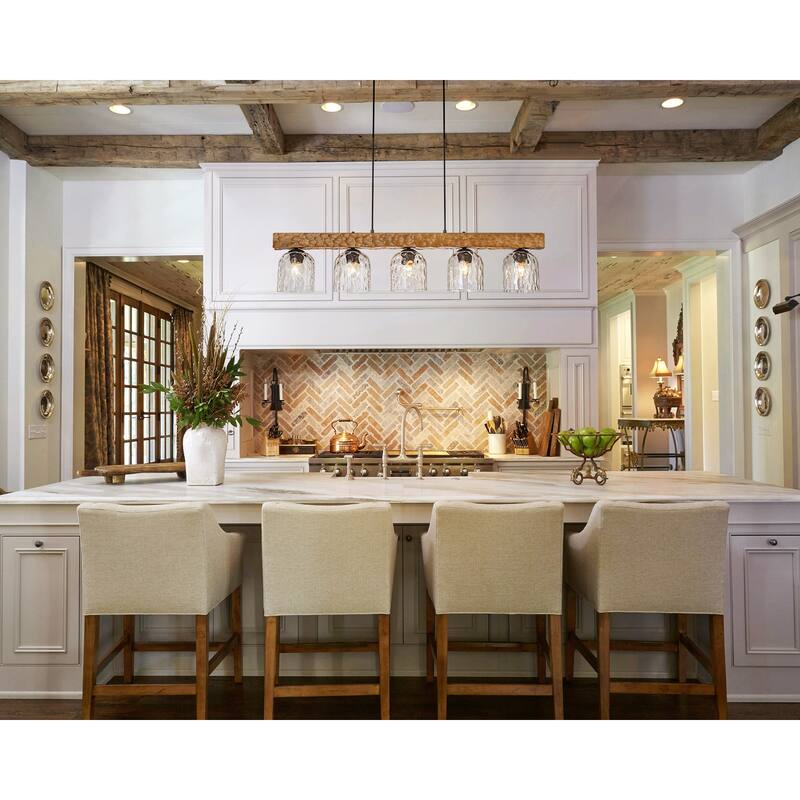 Farmhouse 5-Light Linear Island Pendant with Hammered Glass Shades and Antique Wood Finish