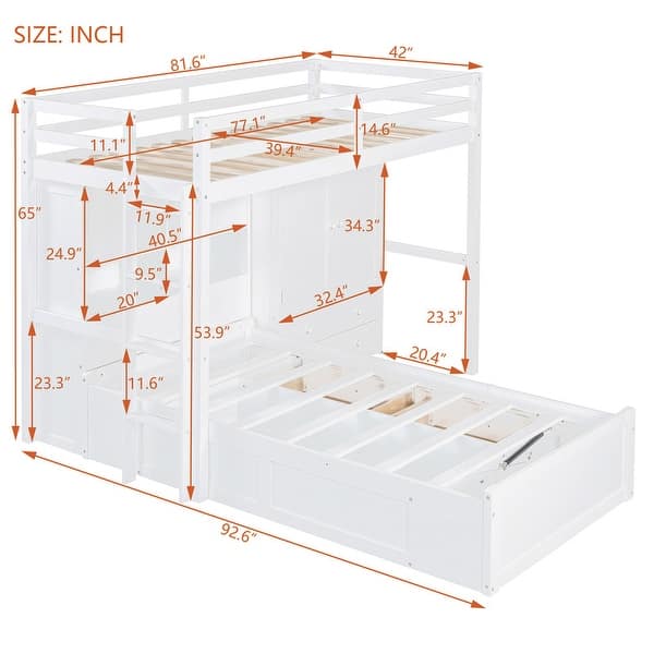 dimension image slide 1 of 4, Twin Hydraulic Bunk Bed with Drawers, Wardrobe, Storage Cabinets