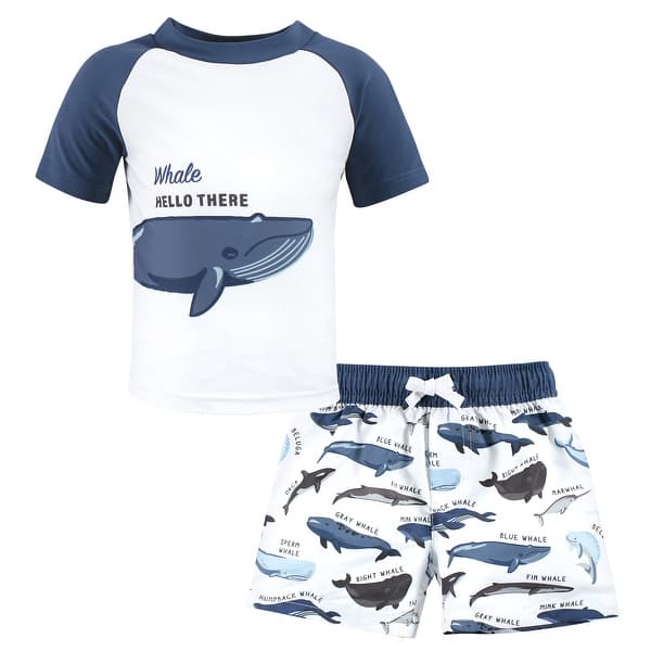 slide 1 of 1, Hudson Baby Boys Swim Rashguard Set, Whale Hello There 2T - Whale Hello There