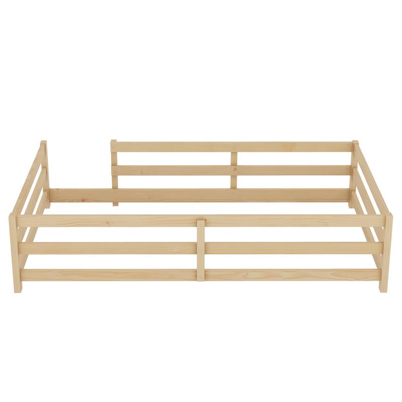 Anmytek Kids Montessori Bed Twin Size with Safety Rail Natural Wood Frame