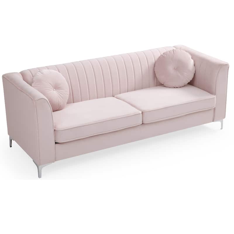 Channel Tufted Velvet 2-Seater Sofa with Throw Pillows - 87" - Pink