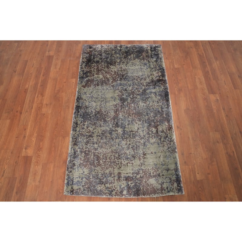 Hand Knotted Oriental Viscose Silk Carpet Modern All-Over Multi-Colored Abstract Area Rug - 4' 7'' X 2' 7''