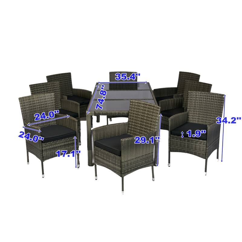 Outdoor Patio 9 Piece Wicker Dining Table Chairs Set Glass Table Top Casual Dining Table and 8 Removable Cushions Armchairs