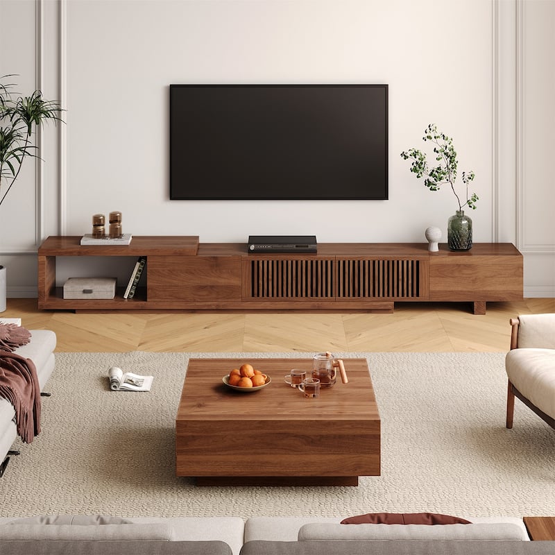 Modern Retractable & Extendable TV Stand with 4 Drawers, Up to 103 Inches - 78.54"D x 15.74"W x 13.78"H