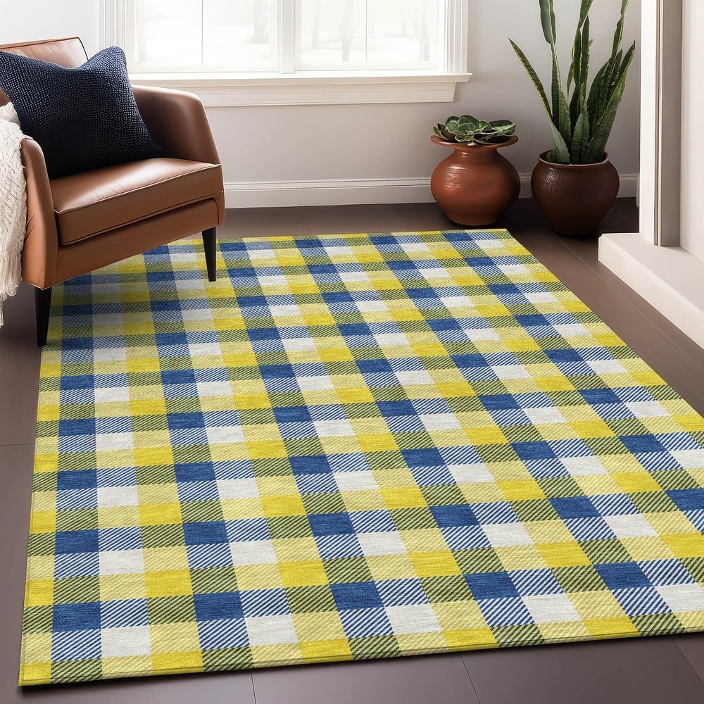 Machine Washable Indoor/ Outdoor Plaid Chantille Rug