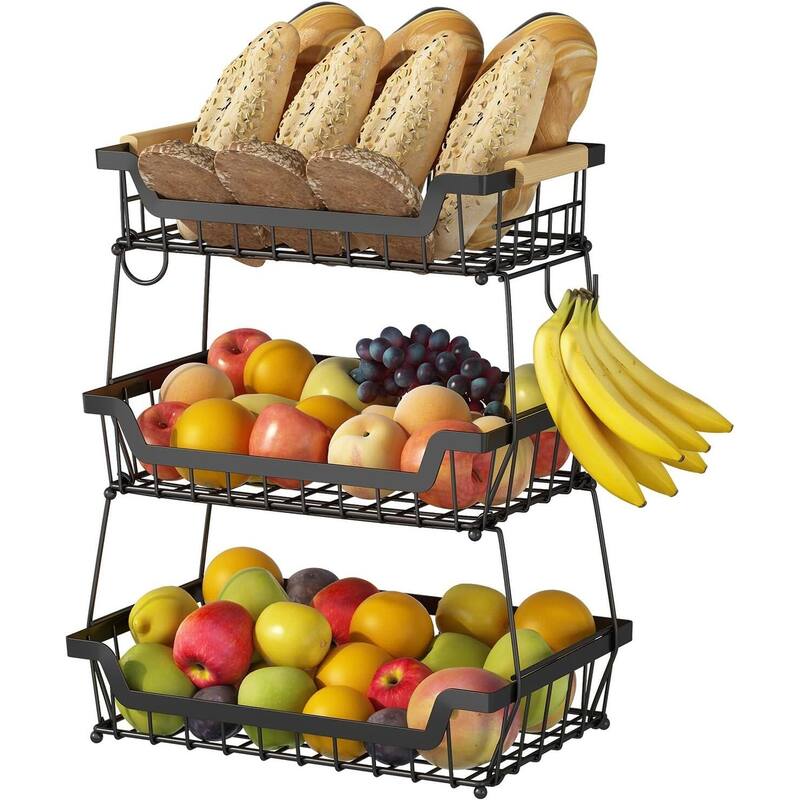3 Tier Countertop Fruit Basket with 2 Banana Hangers for Kitchen