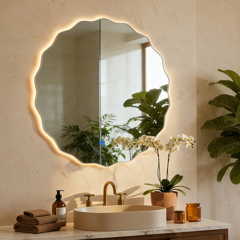 Round Frameless Dimmable LED Light Anti-Fog Wall Bathroom Vanity Mirror
