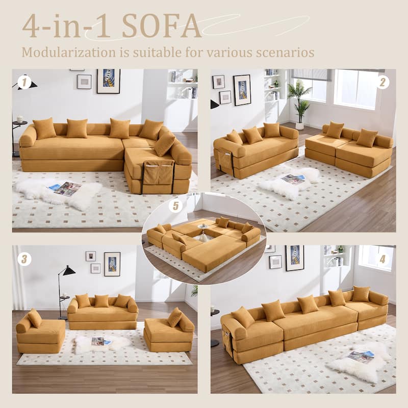 HOMEFUN Corduroy Upholstered Convertible Folding Sofa Bed with Fixed Frame and Pillow Back Handrail