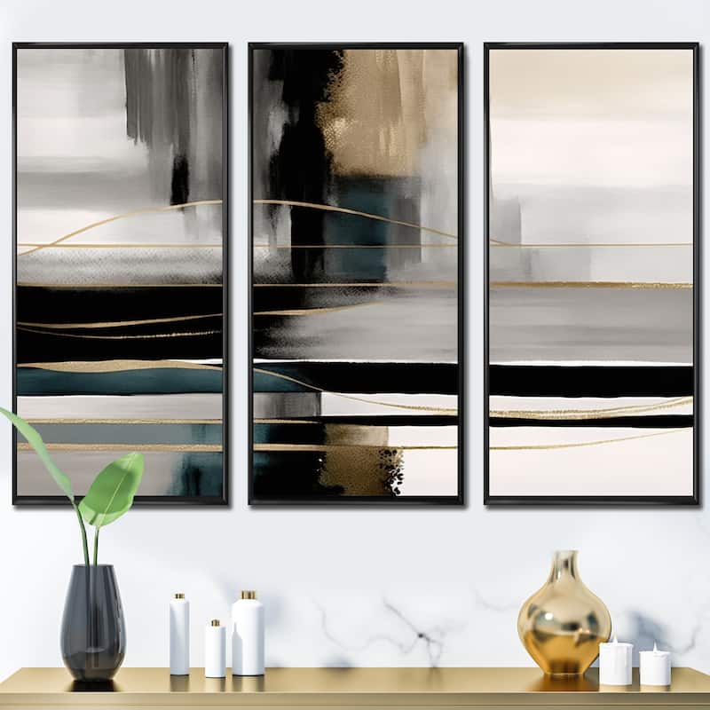 Designart "Abstract Geode Geometric Black And Gold III" Modern Geometric Framed Canvas Art Print - 3 Panels - 48 in. wide x 32 in. high - 3 Panels - Black