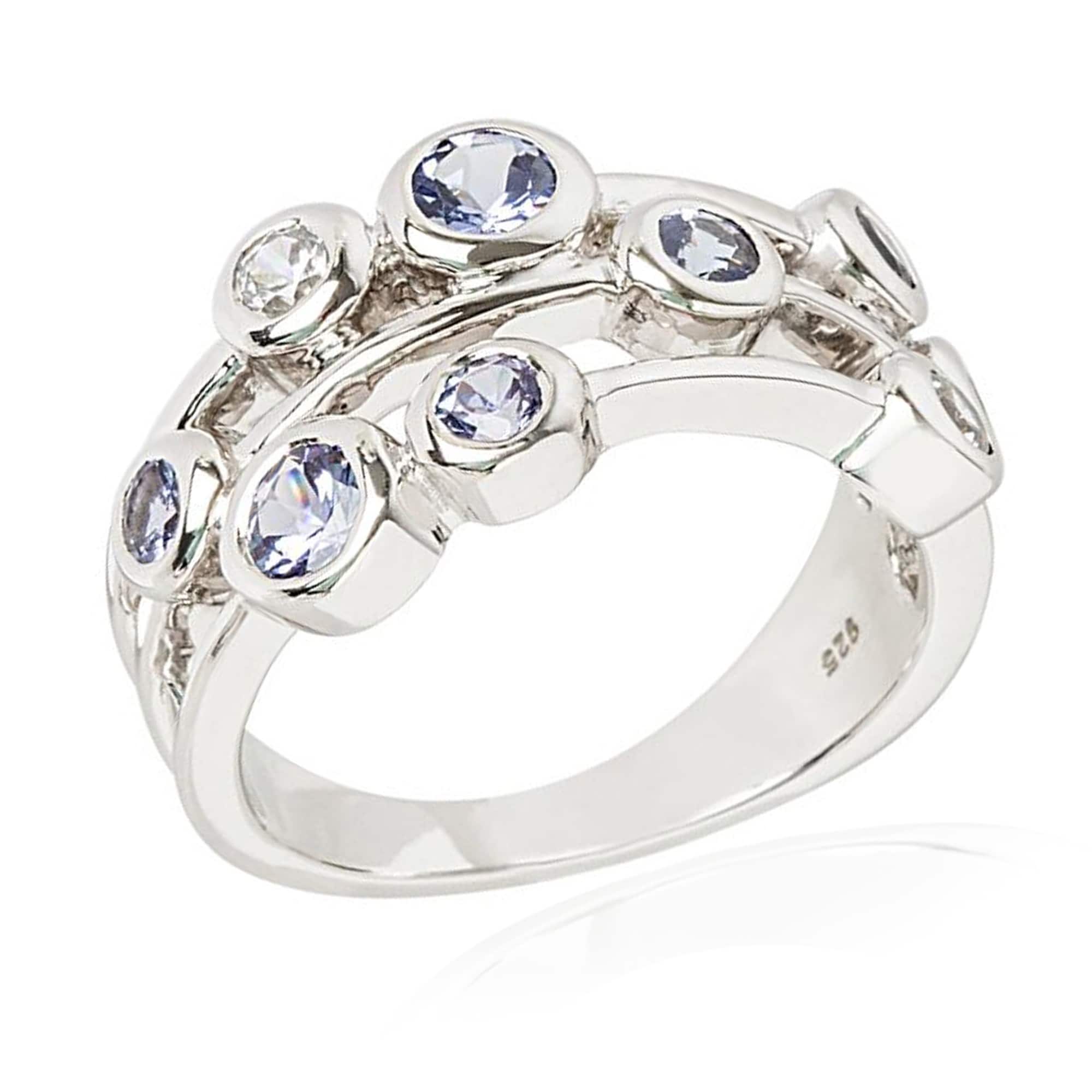Pinctore 925 Sterling Silver Tanzanite And White Natural Zircon Cluster Ring