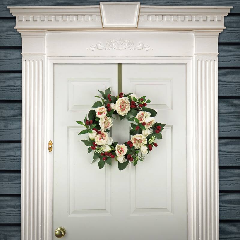 National Tree Company 22 inch Artificial Spring Wreath with Peony Flowers, Raspberries, and Leafy Greens, Realistic Floral Decor