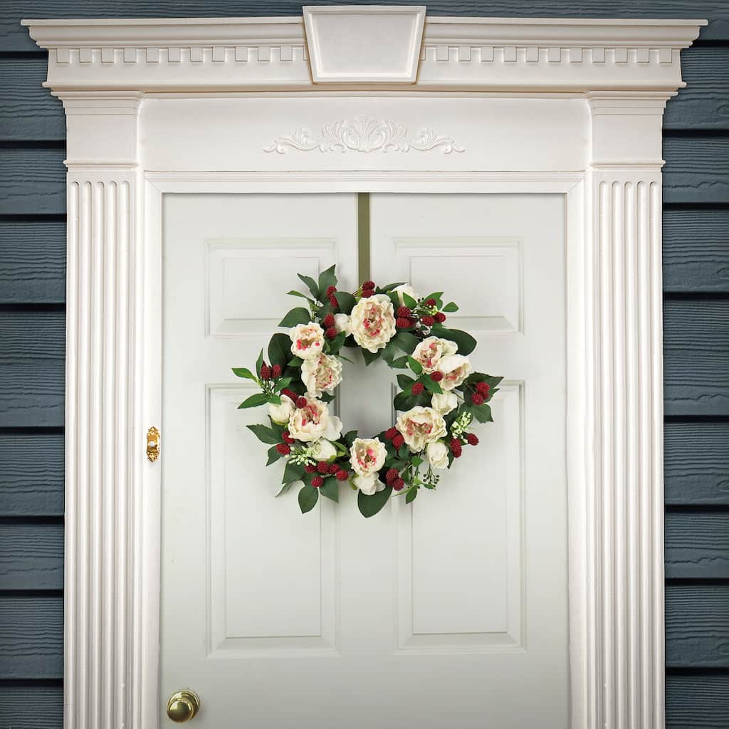 National Tree Company 22 inch Artificial Spring Wreath with Peony Flowers, Raspberries, and Leafy Greens, Realistic Floral Decor