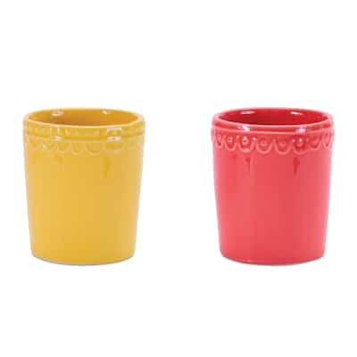 Stoneware Bud Vases - 4.25" - Pink and Yellow - Set of 2