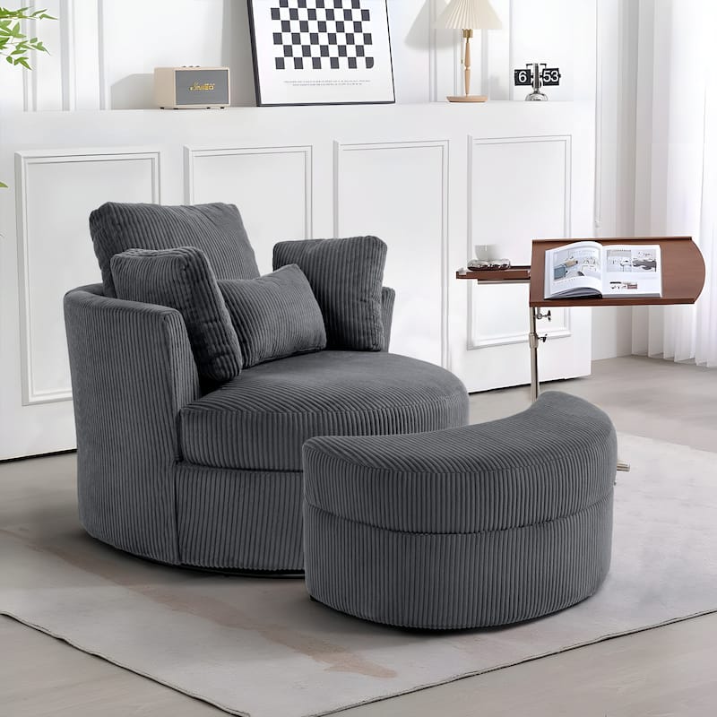 Modern Corduroy Swivel Chair with Ottoman