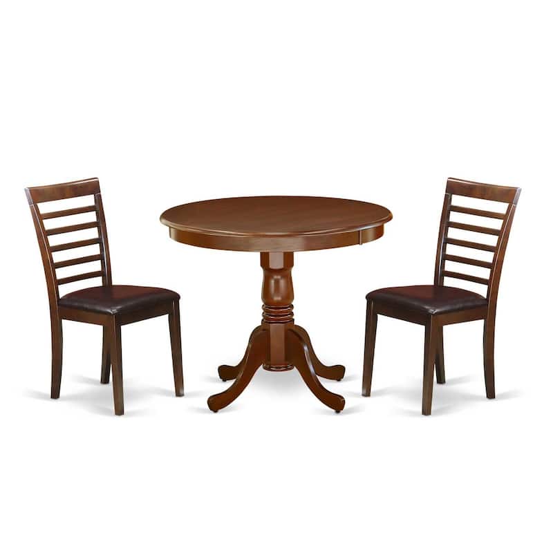 Round Pedestal Dining Table Set - 3 Piece Kitchen Chairs - 36 Inch Mahogany Finish - Small Space Dining