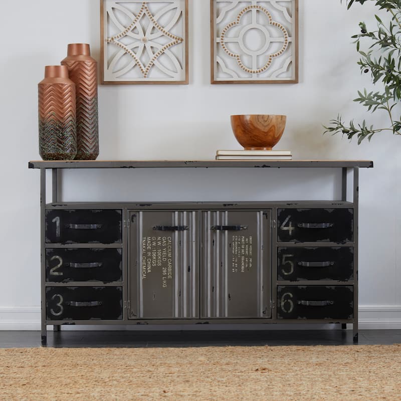 Metal Army Surplus Style 6 Drawers 2 Shelves and 2 Doors Buffet with Numbers and Text - Gray - Roche River Decor