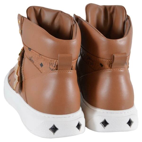 MCM Men%27s Cognac Leather Visetos Logo High Top Sneakers Shoes W Plaque