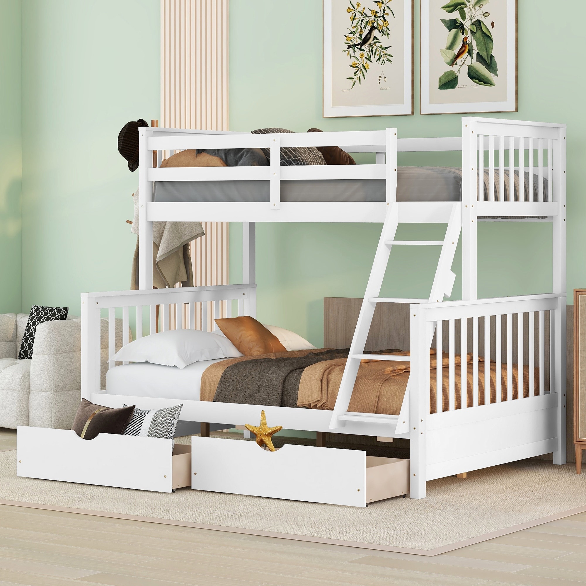 Twin-Over-Full Bunk Bed with Ladders and Storage Drawers in White