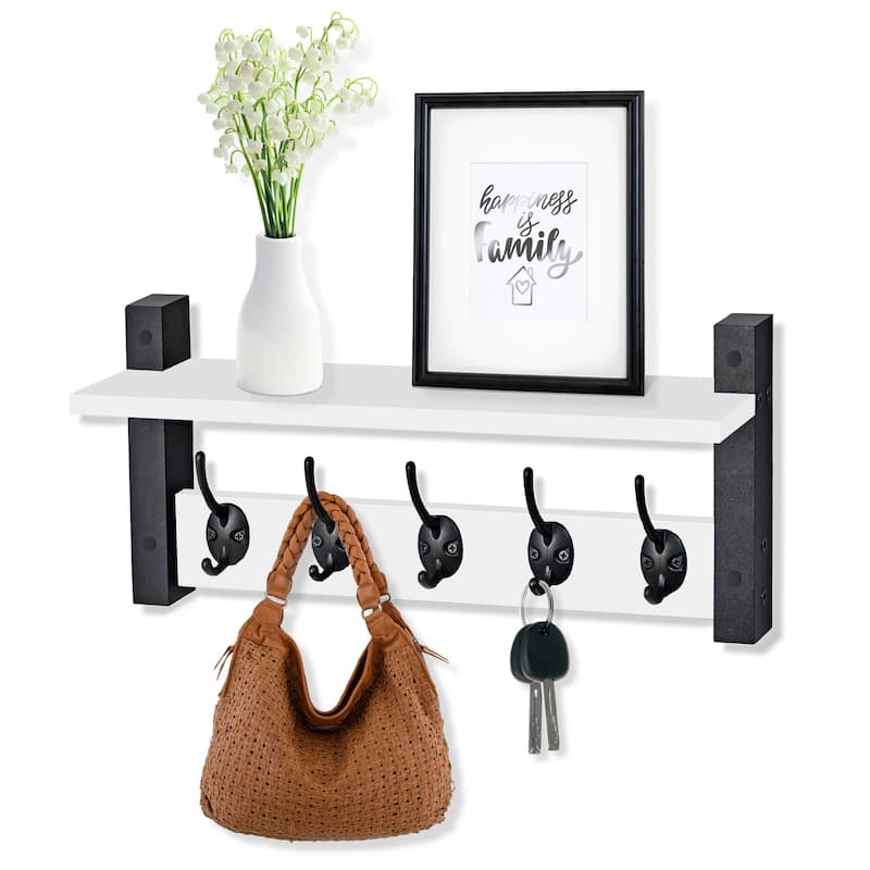 Sorbus Coat Hooks Wall Mount Floating Shelf with 5 Heavy Duty Hooks, Large and Extra Large - White - Large