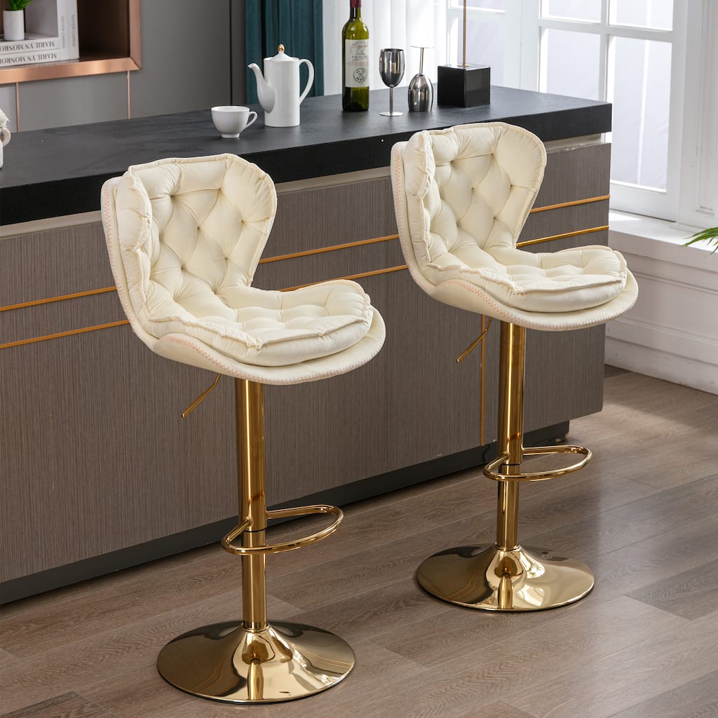 Set of 2 Adjustable Swivel Bar Stools, Cream Velvet with Chrome Footrest & Gold Legs