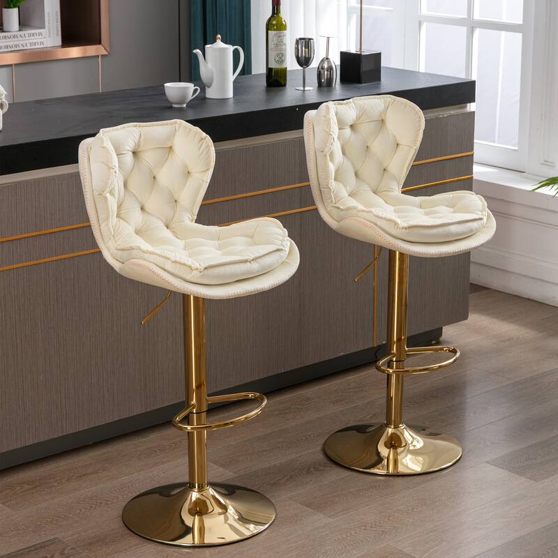 Set of 2 Upholstered Aremless Adjustable Height Bar Stools with Footrest - Cream+Gold
