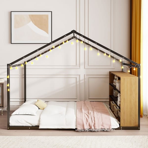 slide 2 of 18, Full Size Metal Bed House Bed Frame with Shelves and Lights Black