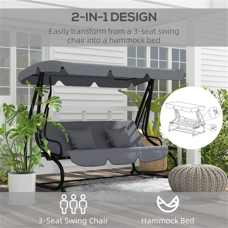 Convertible Patio Swing Bench with Steel Frame and Soft Cushions Pillows Canopy and Cup Holders - 78.75" L x 47.25" W x 64.5" H