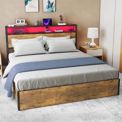 Lift Up Storage Bed LED Platform Bed with Hydraulic Storage System USB Charger