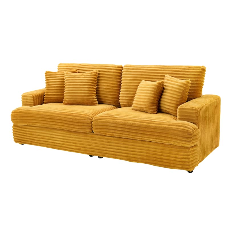 Corduroy Loveseat Sofa w4 Pillows and Cushions Upholstered Deep Seat Sofa Curved Base Frame Sleeper Recliner Sofa Couch