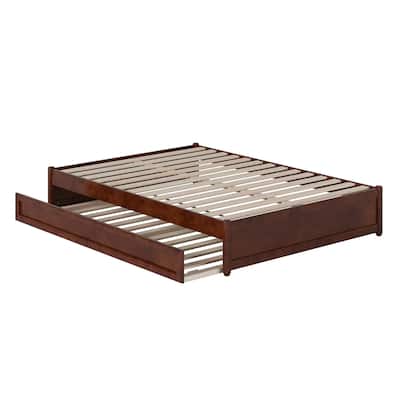 Platform Bed with Trundle - Twin Size, Walnut Finish - Full Panel Design & Wood Slats - Guest Bed
