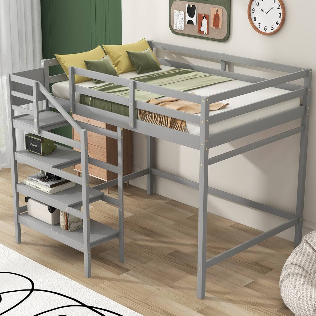 Full Size Loft Bed with Built-in Storage Staircase and Hanger for Clothes