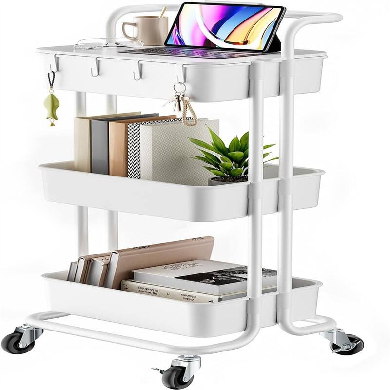 3 Tier Rolling Cart with Table Top Utility Cart with Wheels - 14.02"D x 16.65"W x 33.5"H - White