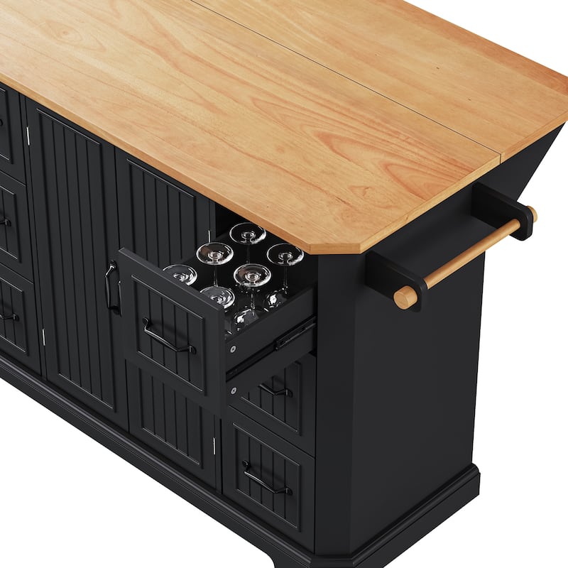 56" Rolling Kitchen Island with Storage Cabinet, Vertical Stripe Mobile Kitchen Cart Island Table with Power Outlet