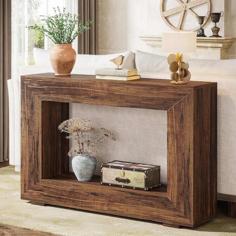 Engineered Wood Finish Console Table with Industrial Shelves - 47.24'' L x 32.87'' H x 11.81'' D - Rustic Brown