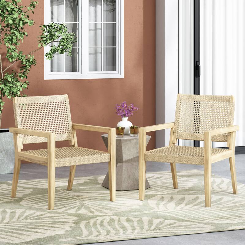 Roomfitters Set of 2 Outdoor Wicker and Acacia Wood Club Chairs with Cushions for Patio Seating, Natural