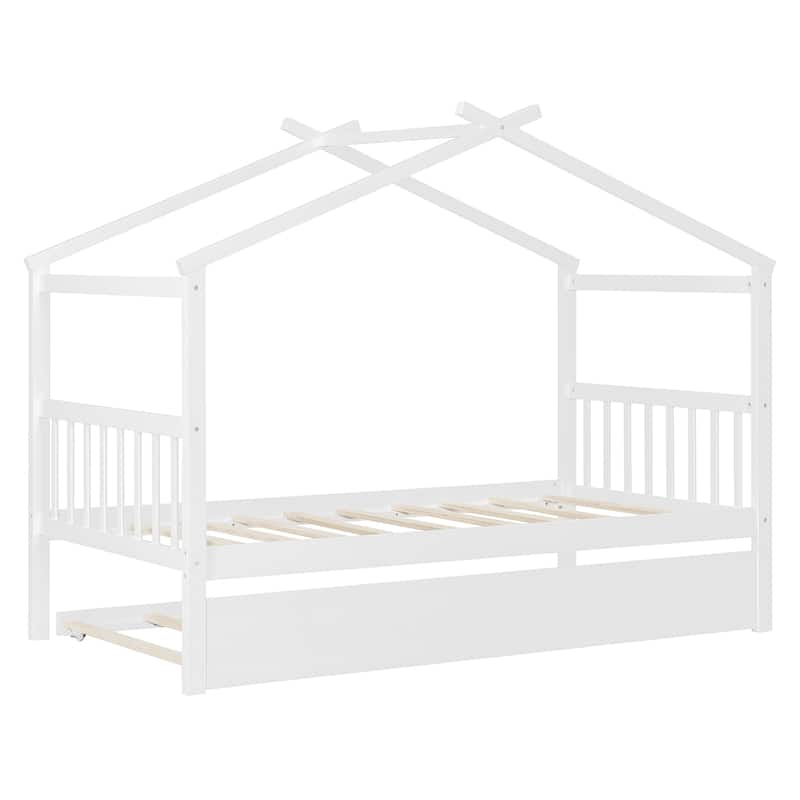 Twin Size Wooden House Bed with Pull-Out Trundle, White
