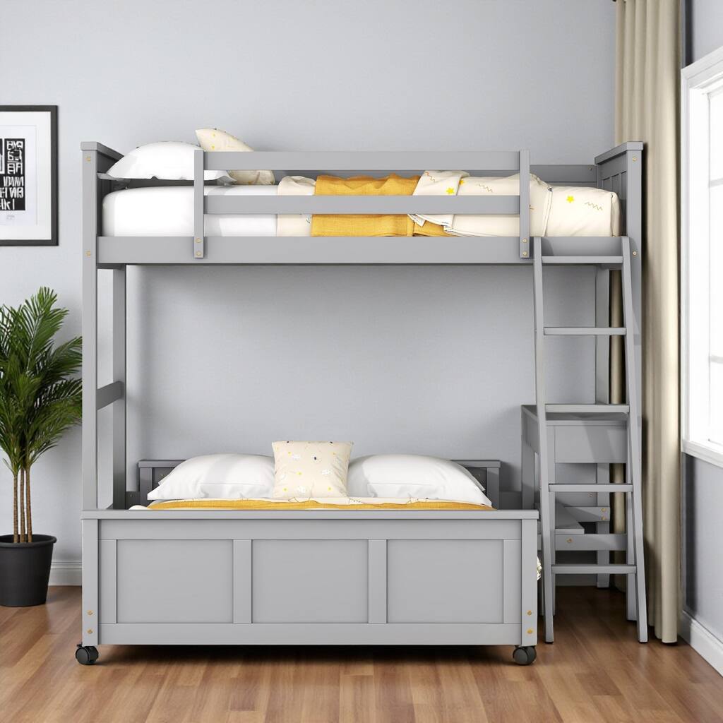 HomeRoots Gray Twin Over Full Wood Bunk Bed With Desk Drawers And Storage