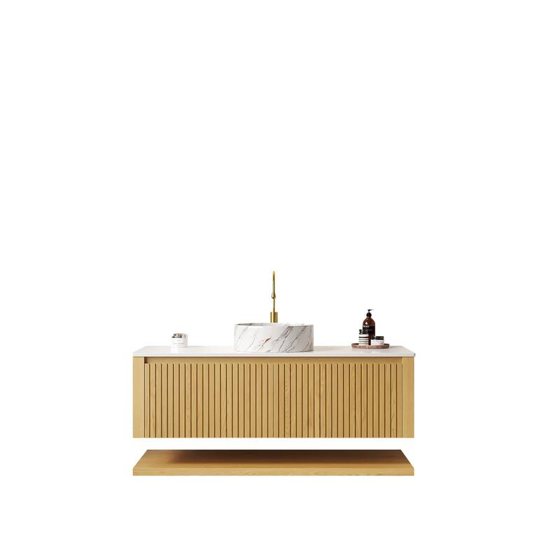48" Floating Sintered Stone Countertop Bathroom Vanity Cabinet with Drawers and Open Shelf, Round Basin /Rectangular Basin